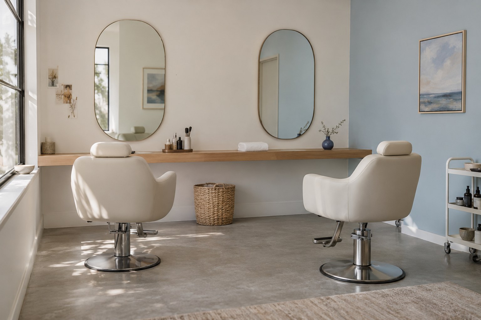 An imagined Avela studio with cream chairs, oak counters and soft blue walls